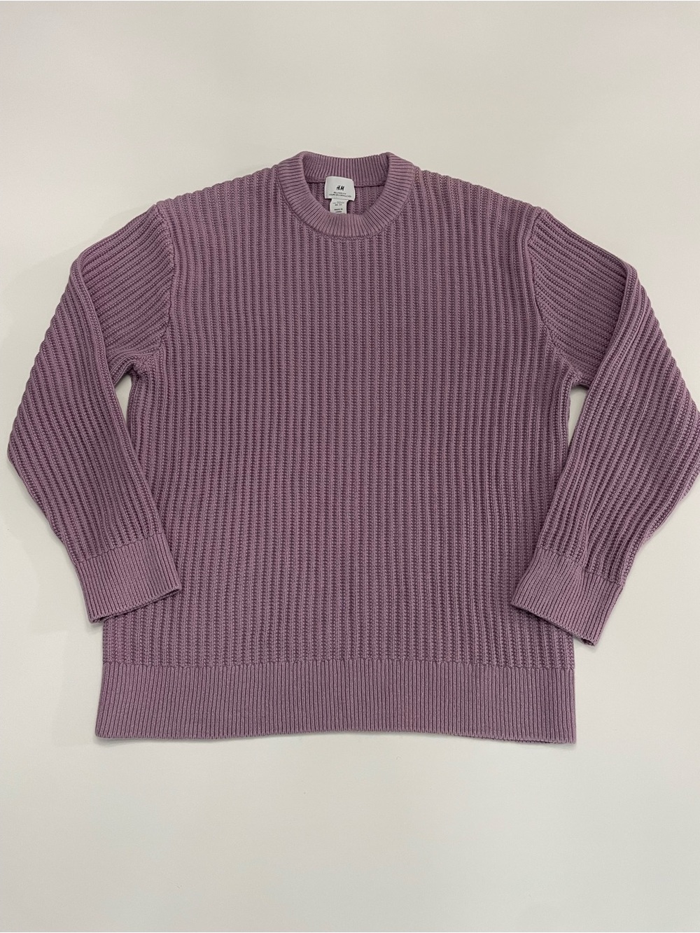 H&M Lilac Fisherman Ribbed Cotton Knit Sweater Womens S Baggy Oversize Relaxed